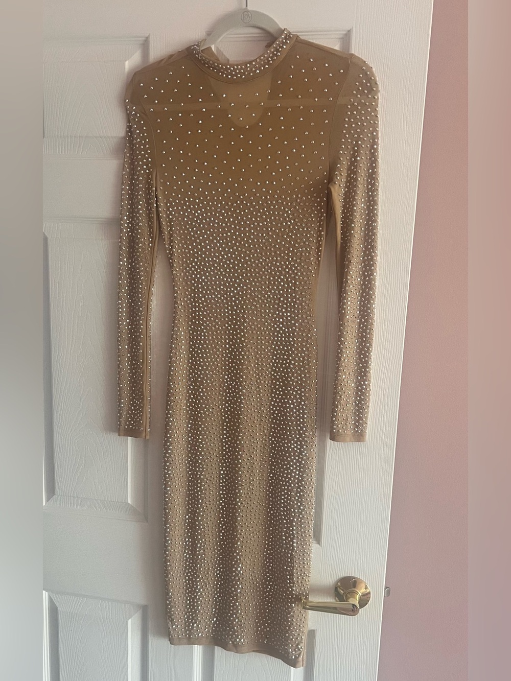 AKIRA Nude-Beige Long-Sleeve Rhinestone Bodycon Dress